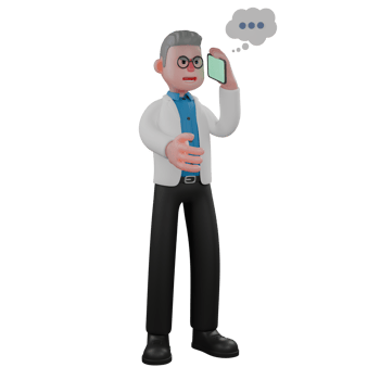 Physicist Character 3D. A male physicist stands with his left hand holding a cellphone and extending his right hand forward. Illustrated Male Cosmologist png