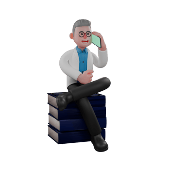 Professional Physicist 3D Cartoon. A male physicist sits on a pile of books while holding a cellphone in his left hand and his right hand is in front of his stomach. Male Energy Scientist png
