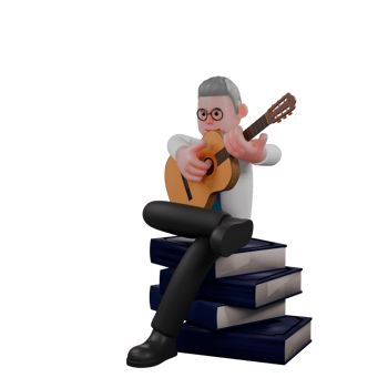Cartoon Style Particle Physicist. A male physicist sits on a pile of books while playing the guitar. 3D Male png