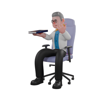 3D Physics Expert Physicist . A male physicist sits on a chair with his right hand holding a book and his left hand holding a pencil. Cartoon Male Experimental Guru png