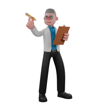 Professional Male Physicist in 3D. A male physicist stands holding a clipboard in his left hand and holding a pencil in his right hand. Fluid Dynamics Character png