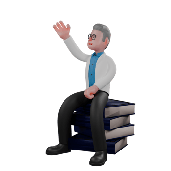 rofessional Male in Physics. A male physicist sits on a pile of books with his hand raised as if waving. 3D Physicist Cartoon png