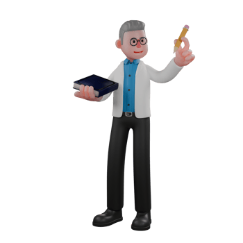 Male Physics Artist 3D Model. A male physicist stands holding a blue book in his left hand and a pencil in his right hand. Physicist Cartoon png