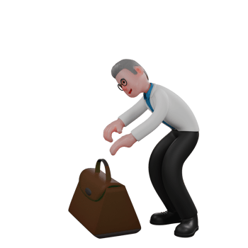 Male Physicist Science Professional . A male physicist is bending over a brown bag with both hands trying to reach the bag. 3D Cartoon png