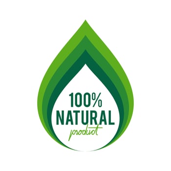 100 percent Natural product icon with abstract green leaf in gradient color. Illustration. For logo, label, insigna, seal, tag, sign, seal, symbol, badge, stamp, sticker, emblem, banner, design vector