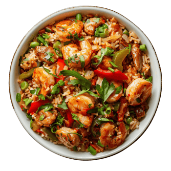 A bowl of shrimp and rice with peppers and onions png