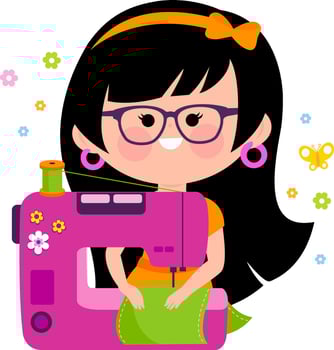 Fashion designer at her work place. Cute seamstress using her sewing machine. Dressmaker working on her fashion craft project. Young woman sewing clothes in her clothing store. vector