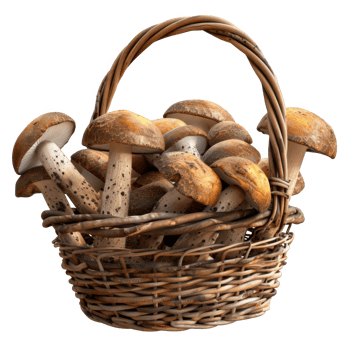 A wicker basket overflowing with brown mushrooms png