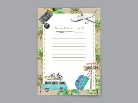 Illustration of postcard with travel and vacation watercolor vector