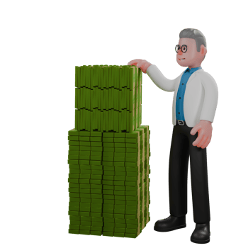 Physics Male Physicist. A male physicist stands next to a pile of banknotes with his right hand on top of the stack of money. 3D Professional Character png