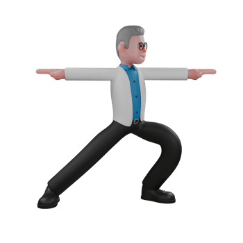 Professional Physics Male. A male physicist doing the Warrior 2 pose, with his legs spread wide and his arms straight and parallel. 3D Physicist Illustrated png