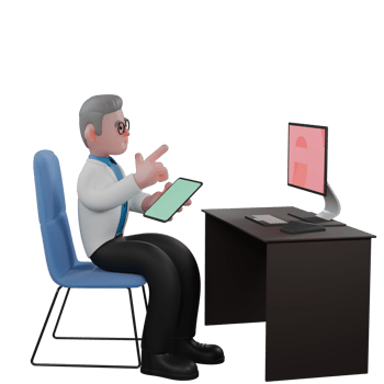 Male Physicist 3D . A male physicist is sitting on his desk chair while holding a tablet and the other hand gives a finger gun symbol while his gaze is fixed on the monitor screen in front of him. png