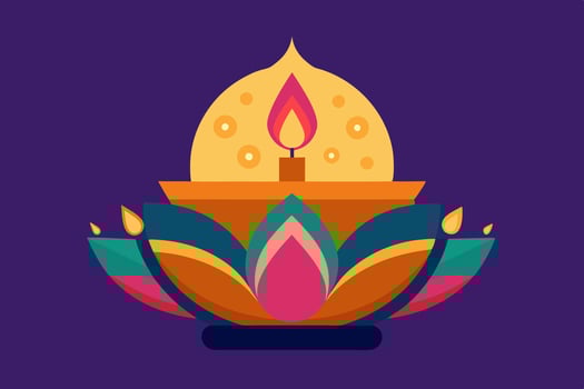 A colorful diwali lamp with a lit candle on it vector