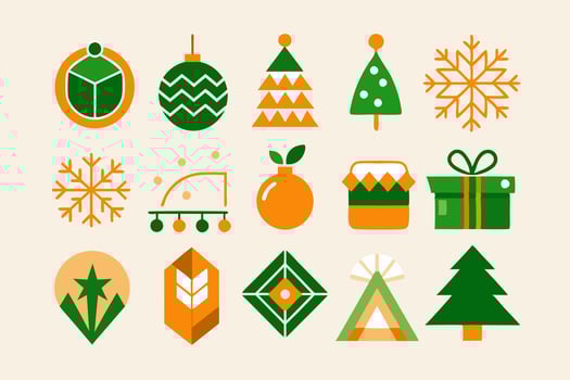A set of christmas icons in green and orange vector
