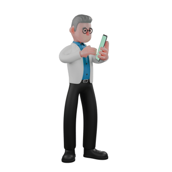 Male Physicist in 3D Professional Physics. A male physicist is standing while playing with his cellphone. Cartoon png