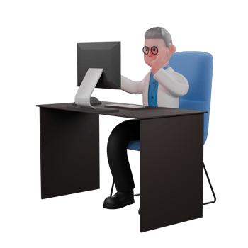 3D Male Physicist in Action. A male physicist is sitting on his desk chair while his gaze is fixed on the monitor screen. Professional Physics png