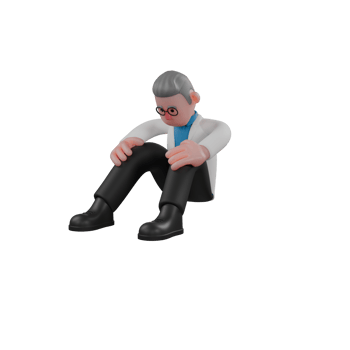Professional Male in 3D - Physicist. A male physicist is sitting on the floor with both hands holding his knees. Cartoon Illustrated png