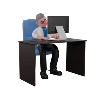 3D Illustrated of Professional Male Physicist. A male physicist is sitting on his desk chair while typing on the keyboard and his gaze is fixed on the monitor screen. Physics png