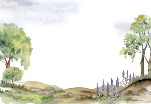 Scenery landscape of forest meadow rolling hills moorland, bushes flowers, lush green foliage tree, hand drawn in watercolor. Seamless banner for tourism, resort ads, hiking camping sites, vacation. vector