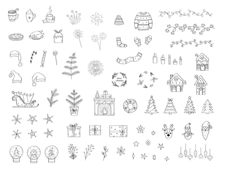 Big celebration Christmas clipart set. illustration of doodle icons. Hand drawn design elements for New year and Christmas vector