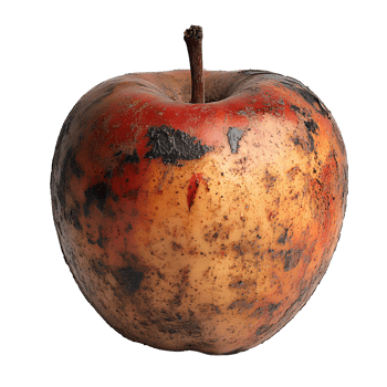 Rotten apple , isolated on transparent background. Decayed apple with brown spots, wrinkles, and texture showing signs of spoilage. Ideal for concepts of food waste and decay png