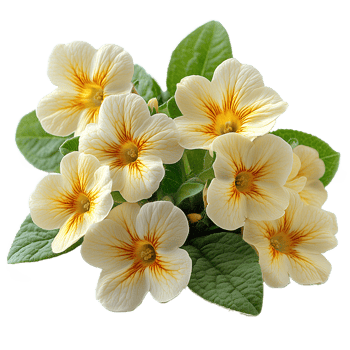 Yellow primrose flower , isolated on transparent background. Bright yellow petals with natural texture and green leaves, showcasing the delicate beauty of primrose flower png
