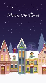 Merry Christmas greeting card with cityscape, cute houses and falling snow. illustration vector