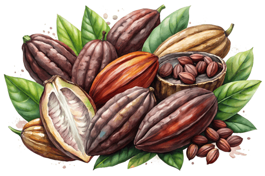 Watercolor hand drawn cocoa beans with leaves stems png