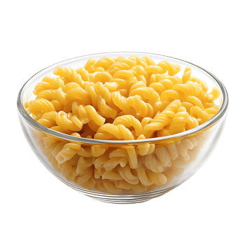 Cooked Rotini Pasta in a Glass Bowl isolated on a transparent background png