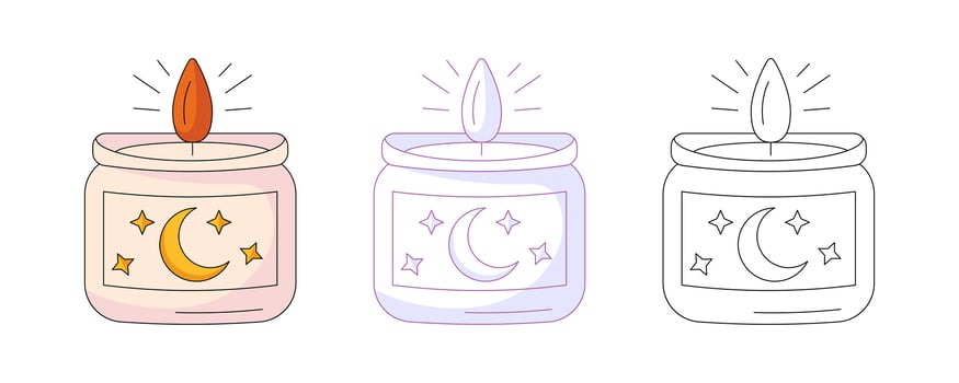 Burning candle, colorful and line icons set. Decorative wax candles for mystic holiday. Flat icon, monochrome purple, color, outline illustration. For logo, sticker, coloring book, label, print vector