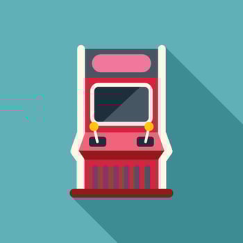 Retro arcade game cabinet standing on blue background vector