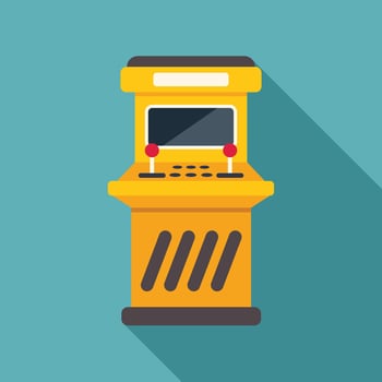 Yellow arcade game machine casting long shadow on turquoise background vector