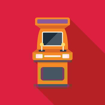 Orange arcade game console standing on red background vector