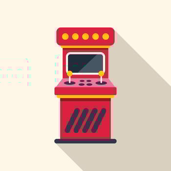 Red and yellow arcade game cabinet standing idle vector