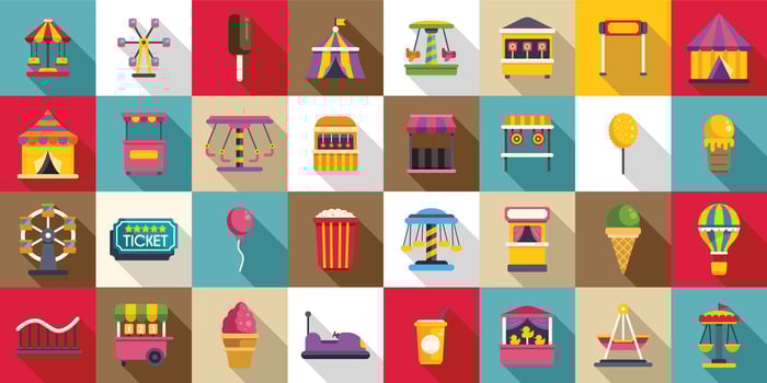 Funfair icons set. Colorful amusement park icons showing entertainment and food stalls vector