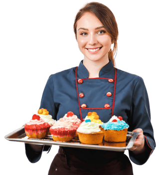 A woman in a chef's uniform holding a tray with cupcakes png
