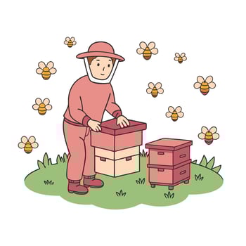 Beekeeper Managing Hives with Swarming Bees in Pastel Cartoon Style vector