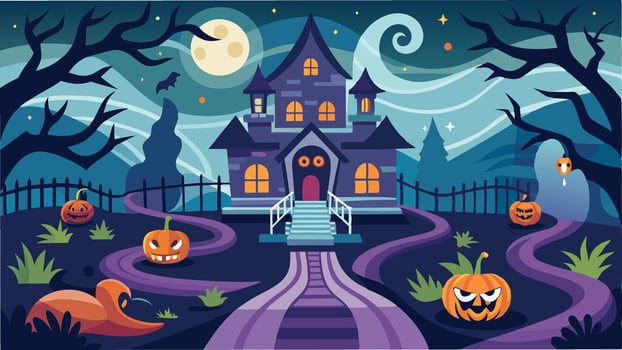 A whimsical haunted house surrounded by carved pumpkins on a foggy night with a full moon illuminating the eerie scene vector
