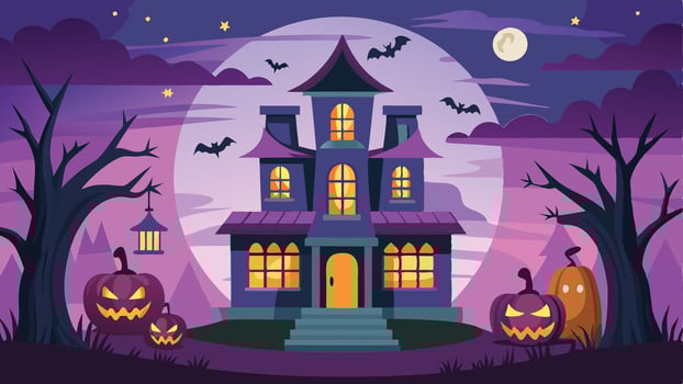A spooky Halloween night scene featuring a haunted house with glowing windows surrounded by pumpkins, bats, and a full moon in a whimsical landscape vector