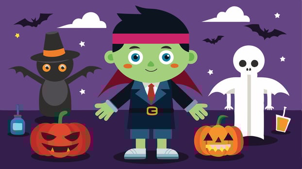 A cheerful cartoon character dressed as a vampire stands proudly among pumpkins and spooky decorations during Halloween festivities at night vector