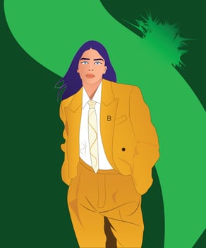 Trendy fashion girl wearing yellow spring casual suit with White shirt. vector