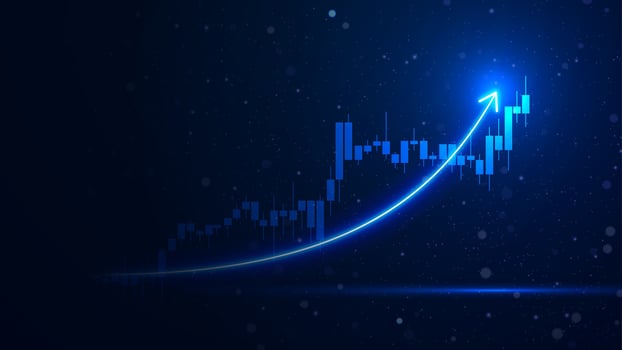 Successful financial boost and up arrow. Rising stock market economy illustration. Futuristic business growth bar chart vector
