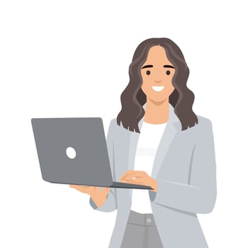 Young business woman holding laptop computer. vector