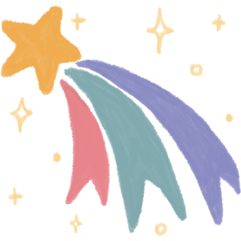Illustration of a meteor with a yellow star in front and colorful lines in pink, green, and purple. Around the meteor there are sparks and tiny stars. It creates an unusual and playful look. png