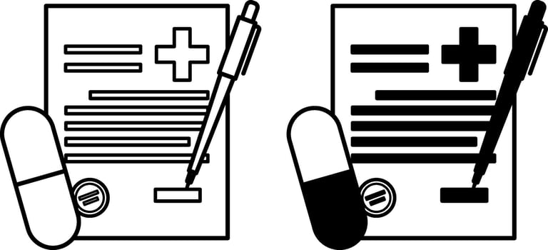 Prescription Icons. Black and White Icons. Prescription Form, Pill, and Pen. Health and Medicine Concept vector