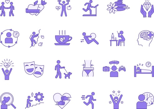 Colored Set of Lifestyle Icons. Icons of Diet, Exercise, Healthy Lifestyle, Relaxation, Unhealthy Lifestyle, Luxury Lifestyle, Weight Loss, Habits, Interests, Leisure and Other vector