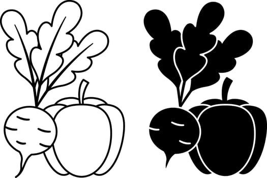 Vegetables icons. Black and White Icons of Radish and Paprika. Natural and Environmentally Friendly Product. Organic Farming Concept vector