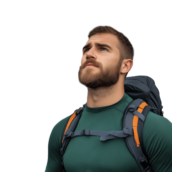 Man in green hiking gear with a backpack looking upwards on a transparent background symbolizing adventure and exploration png