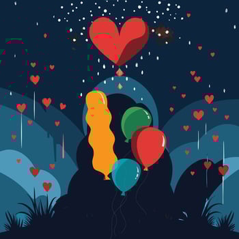 lunar new year illustration with fireworks and confetti, shape of a star, celebrating victory, skyline illuminated,sky filled with heart vector