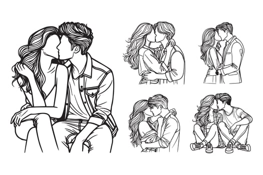 Intimate kiss between a couple illustrated in black and white vector